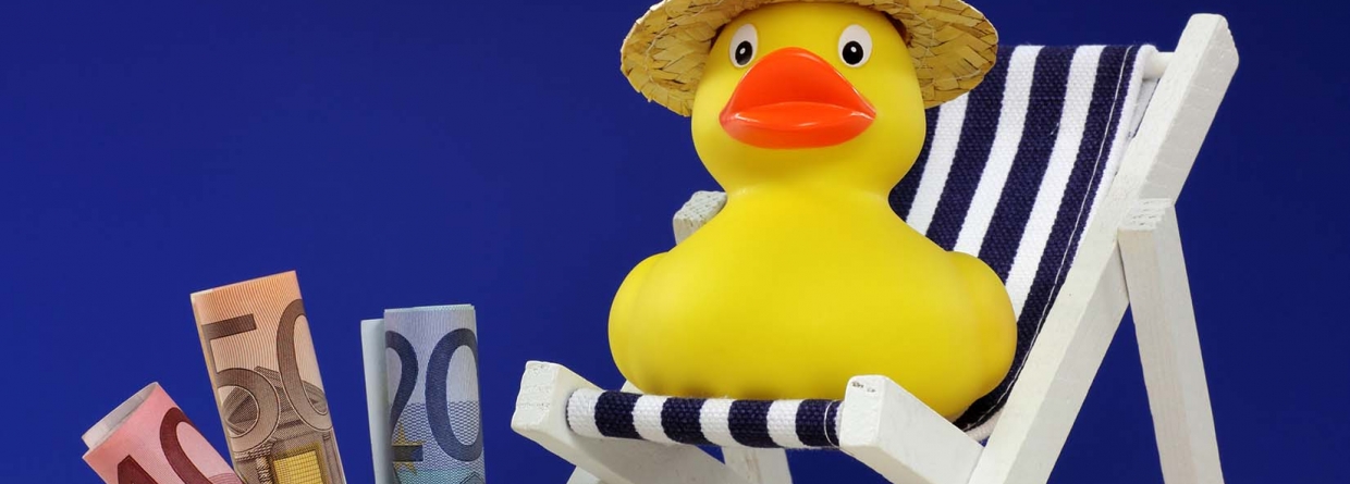 Badeendje met een strohoed in een strandstoel op het strand met eurobiljetten