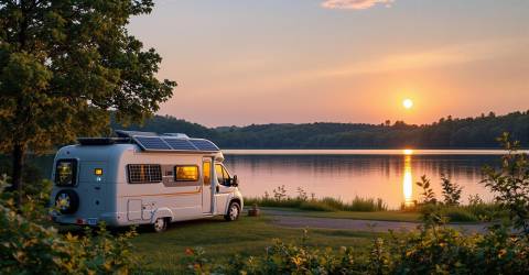 Een luxe camper bij een meertje met een ondergaande zon